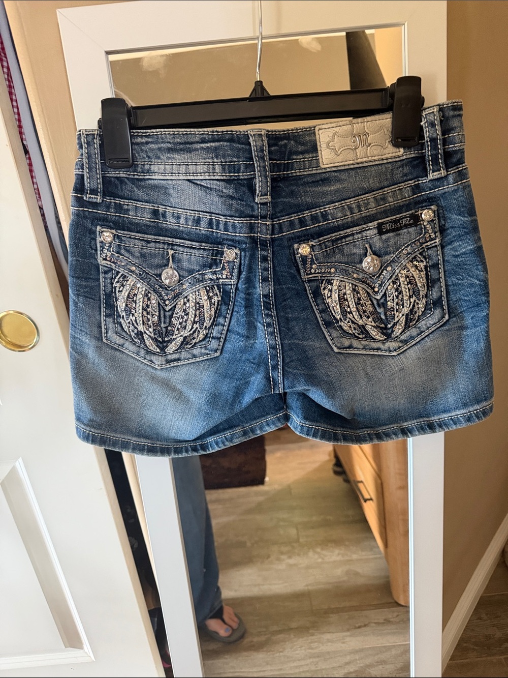 Miss Me Distressed Blue Denim Shorts with Embellished Pockets